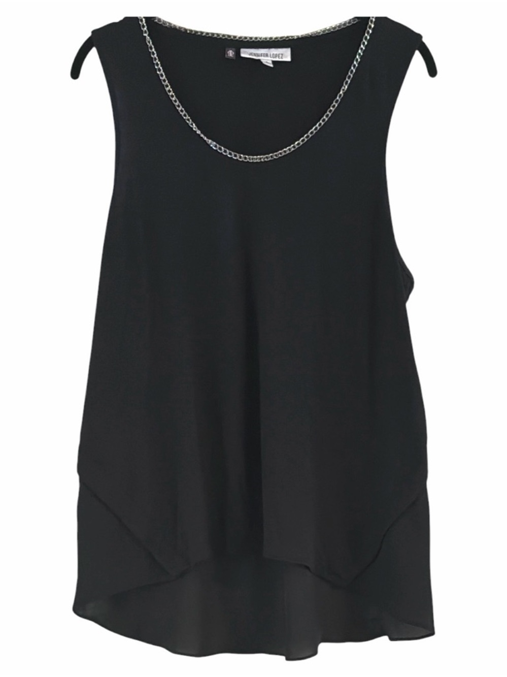 Jennifer Lopez Black Top Chiffon Layered Hem Silver Chain Back Detail Size L